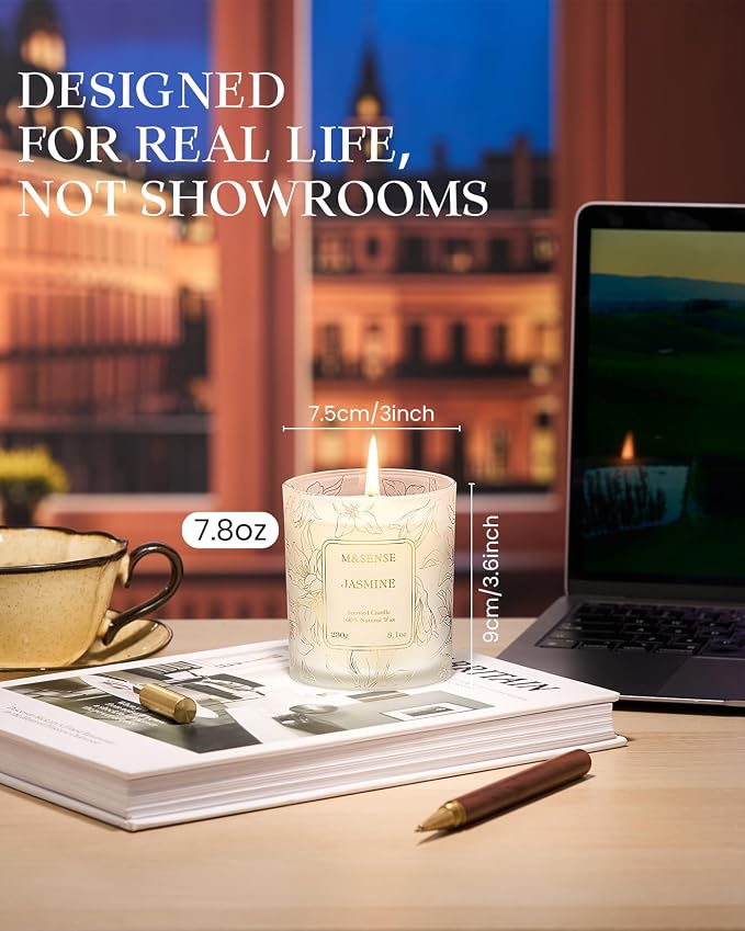 M&SENSE Jasmine Soy Candle, 8.1oz Gilded Glass Floral Gift | 42H Long Burn, Non-Toxic Soy, Gilded Glass, Romantic Floral Scent, Warmer Compatible, Reusable Vase