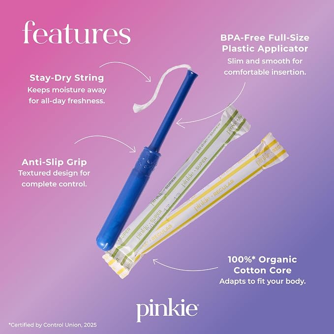 Pinkie Organic Tampons for Teens & Adults - 100% Cotton Core Adapts to Your Body - Slim BPA-Free Applicator for Comfortable Insertion - Chlorine, Fragrance, Dye & Rayon Free - Regular/Super, 36 Count