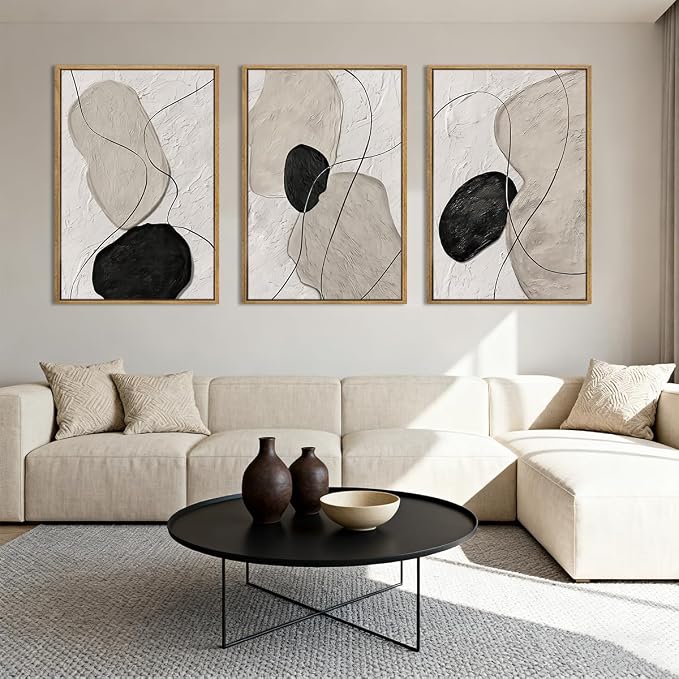 ANHUIB Neutral Abstract Wall Art Canvas,Mordern Geometric Wall Decor Framed,Contemporary Minimalist Artwork, Black Beige Canvas Prints, 3 Piece 16 * 24IN Painting for Living Room Bedroom Office