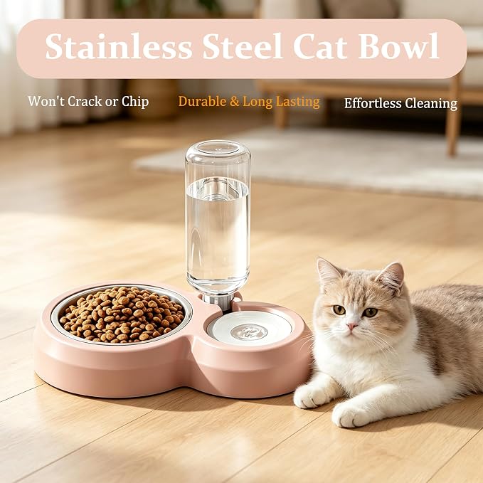 YSHOME&PET Double Dog Bowls, Cat Food & Water Bowl Set with Water Dispenser | Detachable Durable Stainless Steel Bowl Gravity Feeder for Small or Medium Size Dogs Cats Kittens Rabbits Bunny Easy to Clean