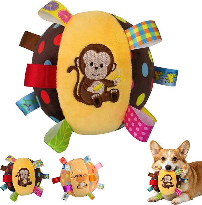 Colorful Squeaky Hanging Dog Training Toy, Dog Plush Toy,6-Inch Soft Stuffed Ball with Cotton Material, Pet Interactive Fetch Toy for Small to Large Dog (Monkey, Brown)