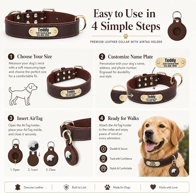 Personalized Genuine Leather Dog Collar with Name & Phone Number-Brown XL