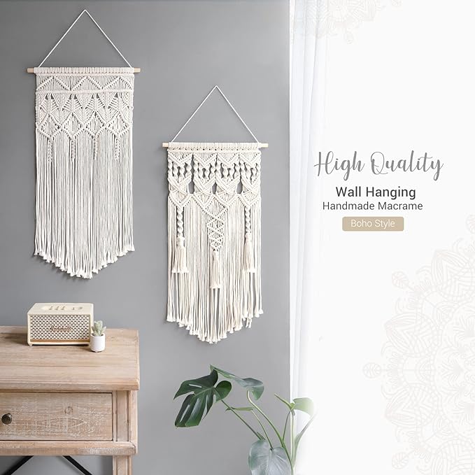 Mkono 2 Pcs Macrame Wall Hanging, Boho Woven Chic Tapestry Decor, Ivory | 32"L x 16.5"W, Bohemian Wall Decor, Hand-Woven Craft, Multi-Scene, Bedroom Nursery Living Room Apartment, Girls Adults Gift