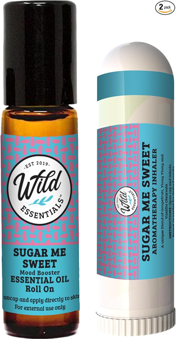 Sugar Me Sweet Essential Oil Aromatherapy 2-Pack – Roll-On & Nasal Inhaler – Pink Grapefruit, Ylang Ylang & Vanilla – Uplifting Mood Boost Blend