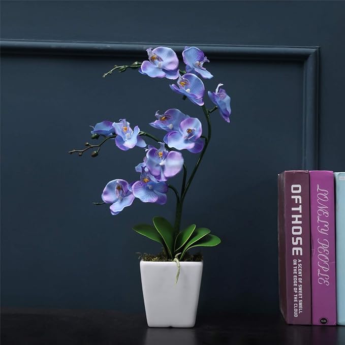 15" Silk Phalaenopsis Orchid in Square Pot, Purple Blue Flower Arrangements | Lifelike Faux Potted Blooms with Moss in a Ceramic Planter. Looks Real, Zero Upkeep, Ideal Centerpiece for Any Table