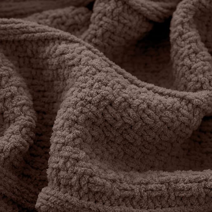 Chenille Throw Blanket for Couch, Soft Cozy Chunky Knit Blanket, Moss Stitch Throw for Sofa, Bed, Living Room, Lightweight Warm Home Decor, Dark Brown 50"x60"