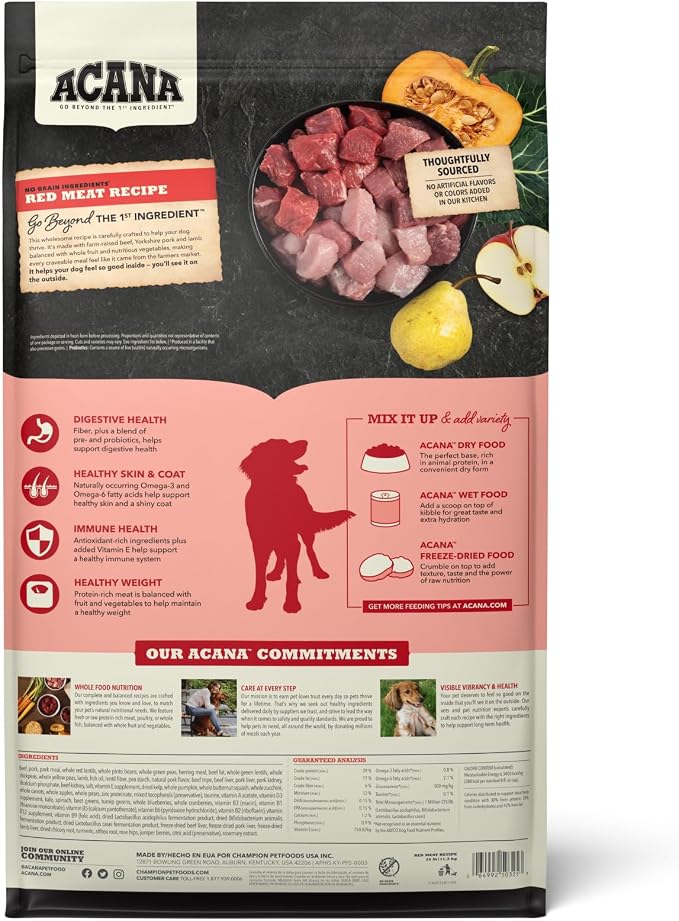 ACANA Grain Free Dry Dog Food Red Meat Recipe 13lb Bag | Freeze Dried, Grain Free, High Protein, Made in the USA, Omega-3 Fatty Acids, Digestive Health, Global Quality Ingredients