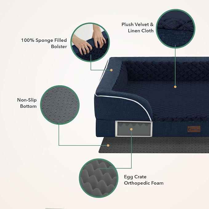 Orthopedic Washable Dog Bed for Medium Dogs, 35x22in, Navy Blue | Orthopedic Foam Eases Joint Pressure, Bolsters Supports Head And Neck, Washable Pet Beds, Removable Cover, Non-Slip Bottom