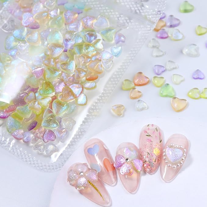 100PCS Mini Love Heart Nail Charms 3D Light Pink Heart Rhinestone Love Japanese Korean Super Sparkling Flat-Back Colorful Small Peach Hearts Resin Nail Accessories DIY Design for Acrylic Nails Decor