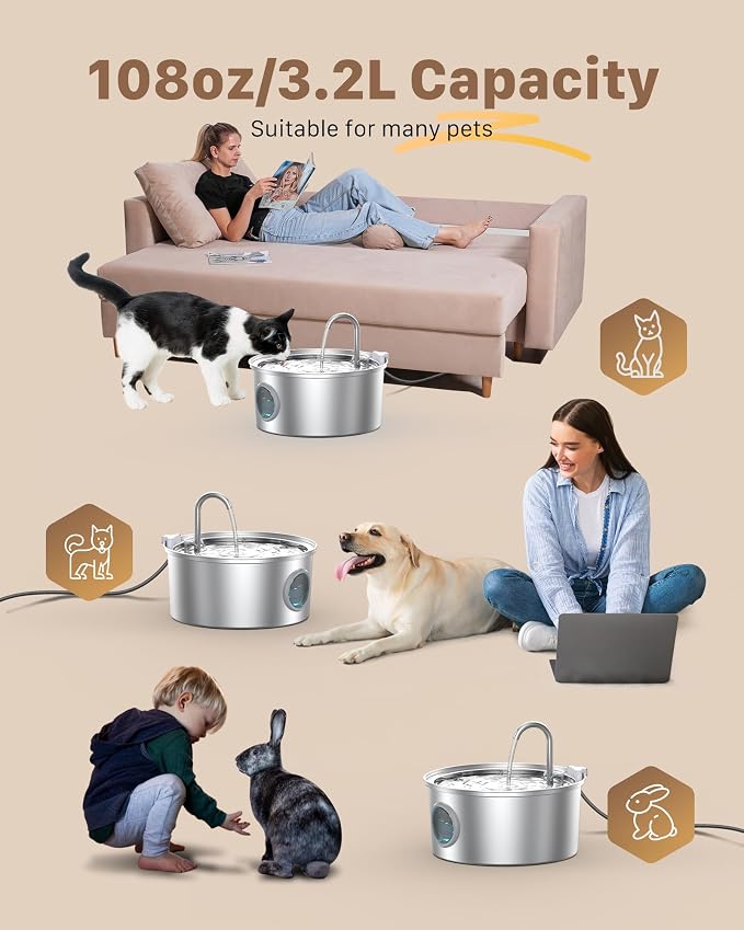 Stainless Steel Cat Fountain - 108oz/3.2L Pet Fountain for Cats Indoor - Quiet - Contains 8 Filters + 8 Sponges