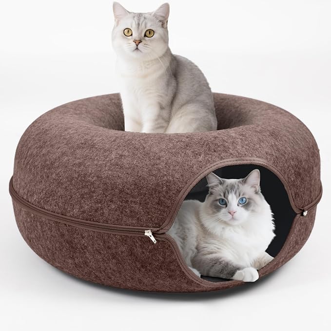 Cat Caves for Indoor Cats, Large Cat Tunnel for Multiple & Large Cats, Scratch Detachable Cave Bed, Kitten Donut Kitty Hideaway Up to 45 Lbs (Brown, Large, 2 Pack)