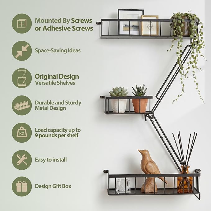 Fire Escape Wall Shelf, Modern City Corner Wall Decorative Action Figure Metal Display with Mini Shelf, Black 2.5 Tier