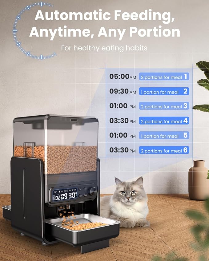 Automatic Cat Feeder for 2 Cats, 5L/20 Cups Food Dispenser with Adjustable Raised Double Bowls, Detachable Control Panel, Timed Cat and Dogs Feeder for Dry Food, Dual Power Supply