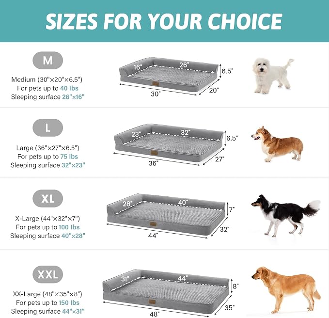 COZY KISS Orthopedic Dog Bed for Medium Small Size Dogs, L Shaped 30x20 in | Non-Slip Bottom Soft Pet Sofa with Washable Removable Waterproof Cover, Egg-Crate Foam Couch with Portable Handle, Grey