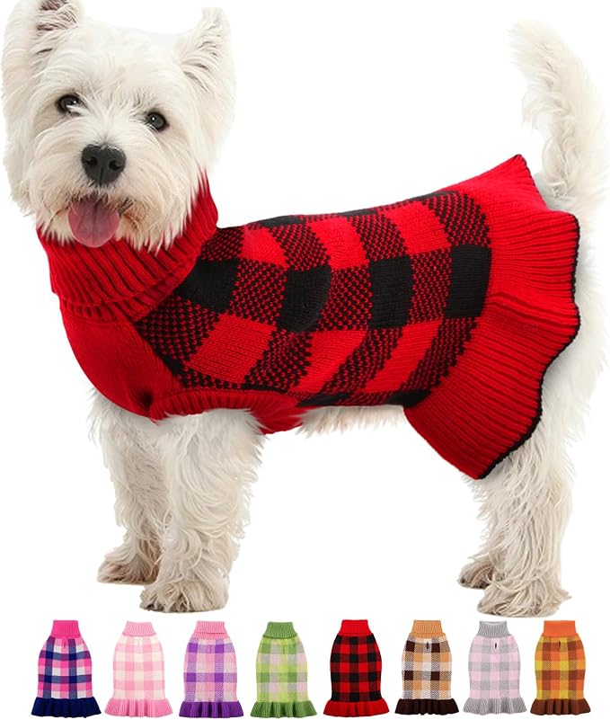 Dog Sweater Dress Plaid Knitwear for Small Medium Dogs Warm Puppy Pet Turtleneck Stretch Pullover Cute Fall Winter Vest Clothes with Leash Hole for Christmas (Red, XS)