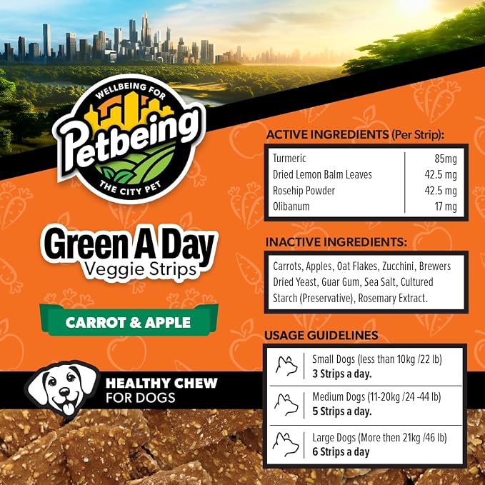 Green A Day Veggie Strips for Dogs | Carrot & Apple Vegetarian Dog Chews | Daily Wellness Treats with Fruits & Vegetables | 4 Pack, 3 oz Bags