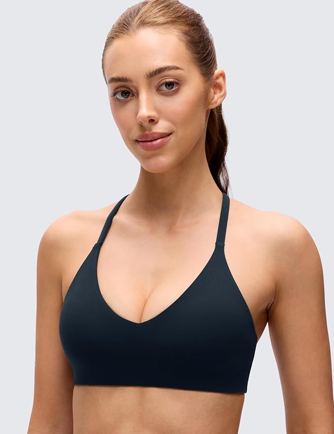 CRZ YOGA Butterluxe Low Coverage V Neck Sports Bras for Women - Spaghetti Straps Racerback Padded Yoga Top