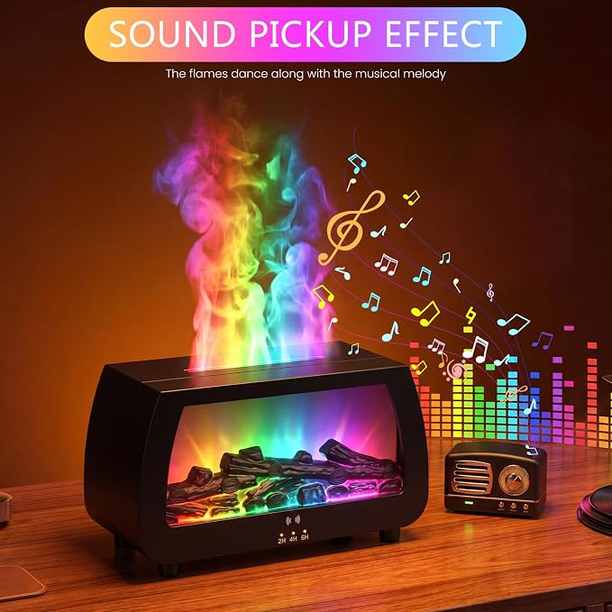 Flame Effect Humidifier, Fireplace Diffuser with Remote & Timer | 200ml quiet humidifier with RGB flame lights & sound pickup. Creates cozy fireplace ambiance for home, bedroom, and office.