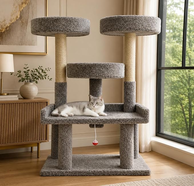 46″ XXL Heavy Duty Cat Tree – Extra-Large, Sturdy Indoor Cat Tower with Multiple Perches, Sisal Scratch Posts & Solid Wood Base (Gray)