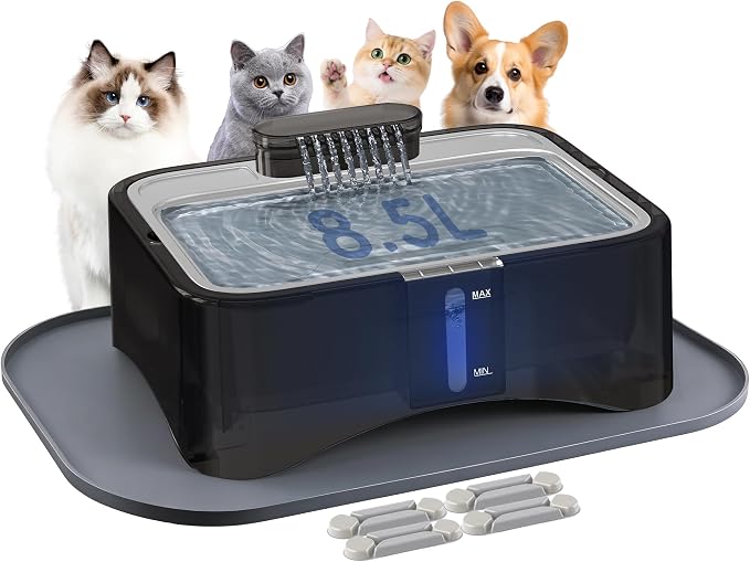 UPSKY Cat Water Fountain, 2.25Gal Large Capacity for Multi-Pet Homes | Ultra Quiet 304 Stainless Steel, Anti-Clog Pump with 4 Filters, Non-Slip Mat Included, Easy to Clean, Smart LED & Anti-Dry