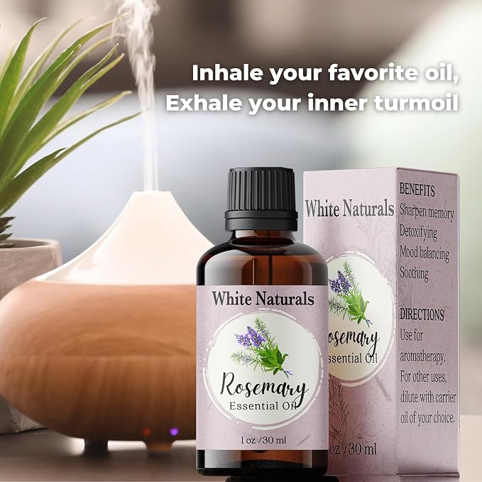 White Naturals Organic Rosemary Essential Oil, 100% Pure & Natural, 1 Fluid Ounce, Aromatherapy, Vegan, Non-GMO, Strengthening, Conditioner, DIY Soap Making