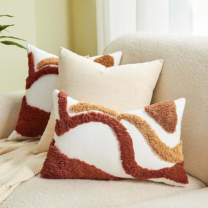 lifein 12x20 Pillow Covers-Lumbar Pillow Covers Boho Couch Pillows Embroidered Decorative Accent Pillows Mid Century Textured Pillowcases for Couch Sofa Living Room Bed Home Decor (Burnt Orange)
