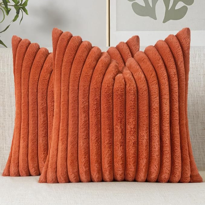 MIULEE Fall Faux Fur Decorative Throw Pillow Covers 20x20 Burnt Orange | Set of 2, Vintage Boho Soft Plush Couch Pillows, Cozy Fluffy Cushion Covers for Sofa Bed Living Room Home Decor