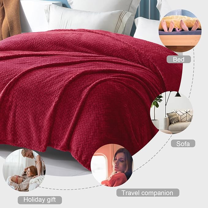 Exclusivo Mezcla Soft Fleece Bed Blanket King Size, 90”x104”, Deep Red | Cozy Fluffy Lightweight Blankets for Summer, Decorative Plush Flannel Throws for Living room, Bedroom with Leaves Pattern