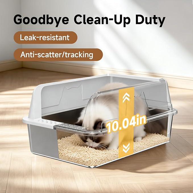 High-Sided Stainless Steel XL Cat Litter Box for Cats | High-Sided Design Prevents Urine Leakage,Non-Stick,Easy to Clean,Includes Scoop,Gray