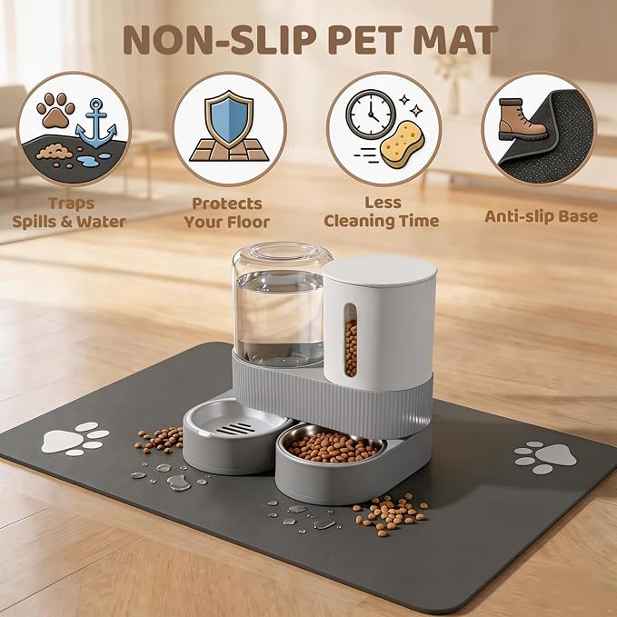 Gravity Cat Feeder 2 Pack Automatic Food Feeder and Water Dispenser Set Detachable Pet Bowl with Silicone Mat for Cats Small Medium Dogs, Large Capacity(Grey)