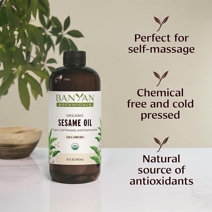 Banyan Botanicals Organic Unrefined Sesame Oil – Rich & Warming Ayurvedic Massage Oil for Body & Scalp – Traditional Abhyanga Oil for Deep Tissue Grounding & Recovery – 16 oz – USDA Organic