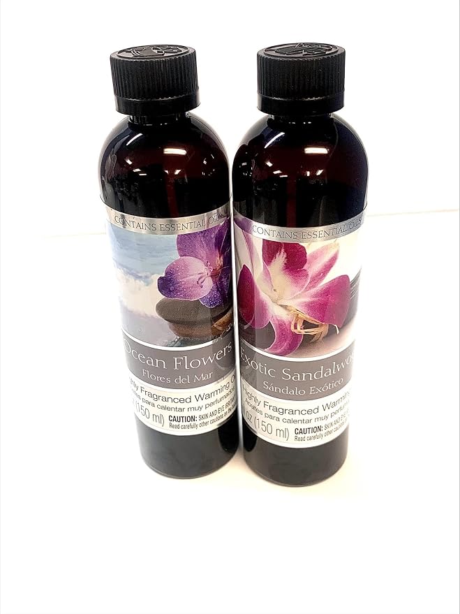 Hosley Set of 2 Assorted Fragrance Warming Oils 5oz Each-Exotic Sandalwood & Ocean Flowers. Ideal for Spa Meditation Bathroom Wellness Gift