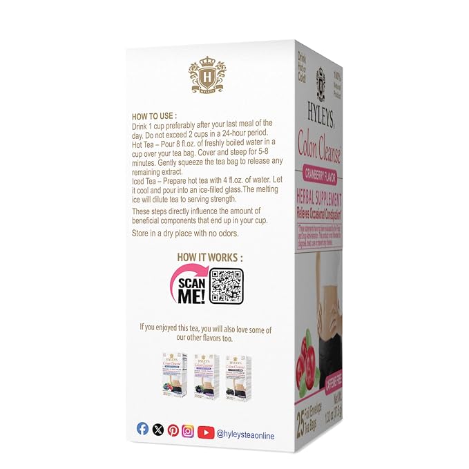 HYLEYS Colon Cleanse Tea, Cranberry Flavor - 150 Individually Wrapped Herbal Tea Bags (6 Pack of 25) - Caffeine Free, Gluten Free & Vegan