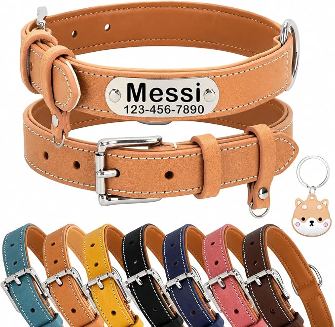 Personalized Genuine Leather Dog Collar with Name Phone Number-Khaki-S