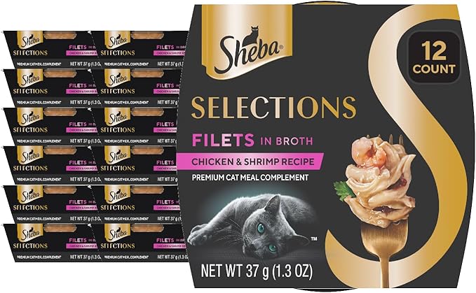 Sheba Selections Wet Cat Food Complement, Chicken & Shrimp, 1.3 oz, 12 ct | Grain-free, Real chicken #1 ingredient, tender pieces in broth, meal topper or complement, no artificial flavors, 1.3 oz cups