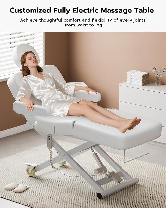 SyyBhb 6.7" Thickened Fully Electric Massage Table Professional for Clients, Customized Angle Adjustable and Electric Lift 3 Motor, Heavy Duty Frame, Exam/Treatment/Spa/Tattoo/Facial, White