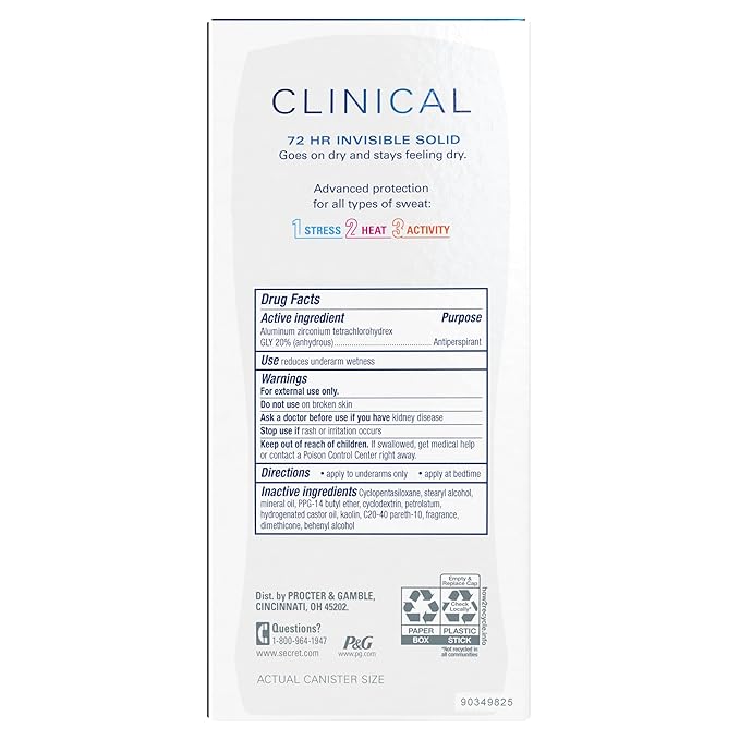 Secret Clinical Strength Antiperspirant Deodorant for Women, 3X Stress Protection, 72hr Sweat & Odor Protection, PH Balancing Minerals, Invisible Solid, Completely Clean Scent, 2.6 oz (Pack of 2)