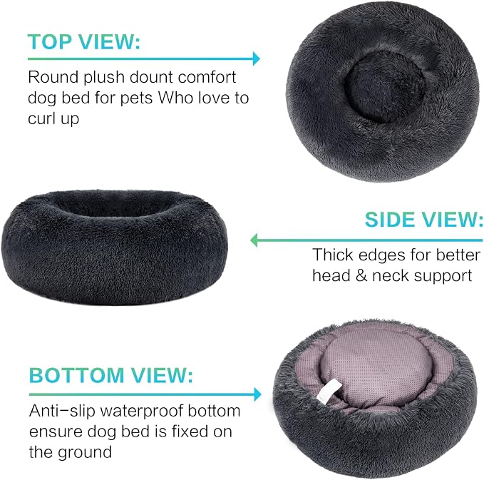 SAVFOX 30 inches Calming Donut Dog Bed - 3X Durable Plush Faux Fur, Machine Washable & Non-Slip, Fits up to 45 lbs, Dark Grey