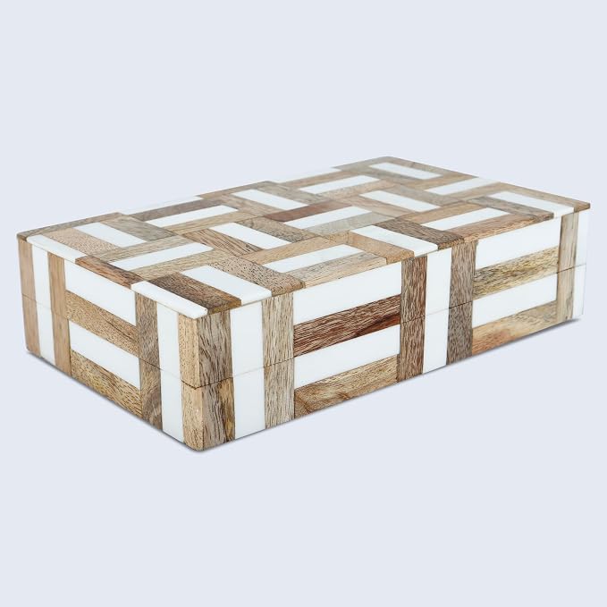 Handicrafts Home White Decorative Storage Box with Lid Wood Remote Control Box Coffee Table Storage Box Remote Holder for Living Room Decor – Resin Inlay Marquet Chase Collection - 8x5x2