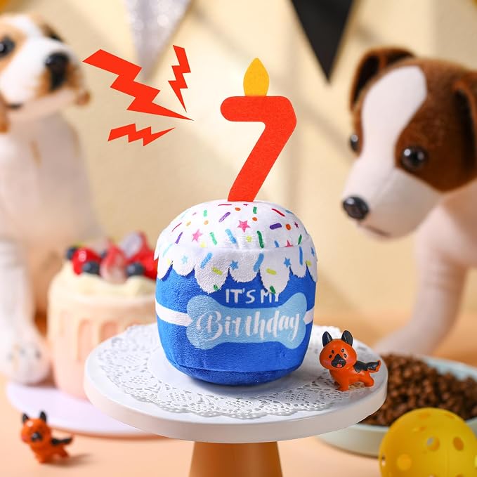 Dansydaisy Dog Birthday Cake Toy Squeaky Plush Gift,7th,Blue
