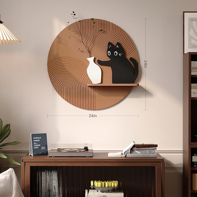 3D Textured Round Cat Wall Art with Shelf, Modern Minimalist Brown Sandstone Texture Artwork for Walls, Black Cat Geometric Wall Art Decor for Living Room, Hallway, Dining Room, Bedroom, Office, 24x24