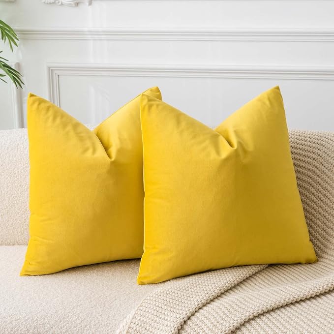 Yellow 24x24 Pillow Covers Decorative Velvet Throw Pillow Covers Set of 2 | JUSPURBET Luxury Cushion Covers with Invisible Zipper for Modern Couch Sofa Bed Living Room Bedroom Home Decor