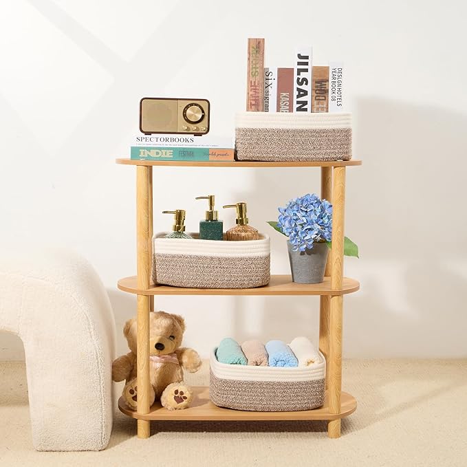 MiniArk Small Storage Baskets for Organizing | Closet Organizer Bins | Shelf Toy Basket | Woven Rope Baskets | Cube Decorative Box | Shallow Basket | 11.5x7.5x4.7” | 4 Packs White Brown