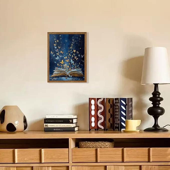 JLTULT Book Wall Art with Butterflies, Solid Wood-Framed Canvas, 8 x 10 in | Blue open-book art with butterflies on fade-resistant canvas and a ready-to-hang solid wood frame for bedrooms and studies