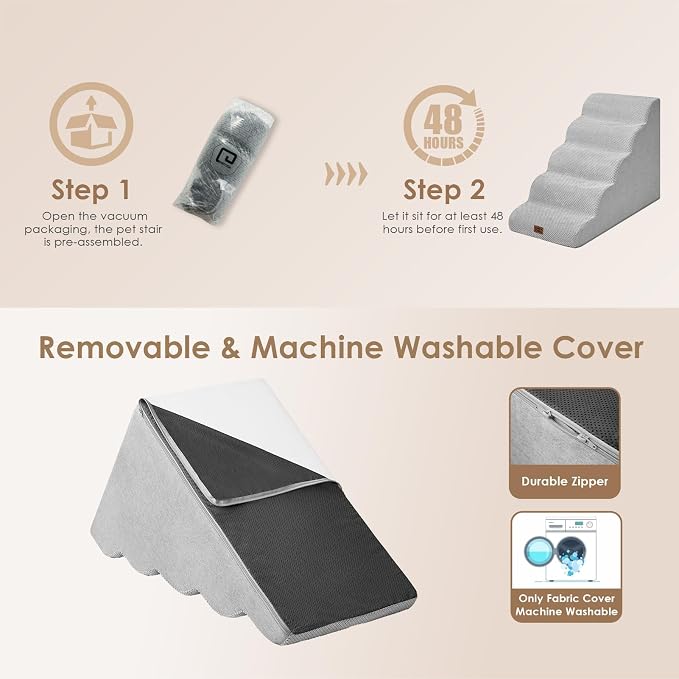 EHEYCIGA Curved Dog Stairs Ramp, 5-Step Extra Wide High Beds, Dog Steps | 33D density of pure foam, for Small Dogs and Cats, Pet Stairs for High Bed Climbing, Non-Slip Balanced Indoor, Light Grey