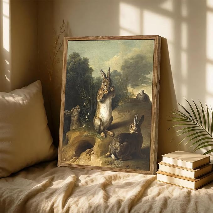 Vintage Easter Rabbit Wall Art, Rustic Bunny Wall Decor Painting Cottagecore Animal Poster Canvas Prints Picture for Living Room Farmhouse Bedroom 16x24 inch Wood Framed