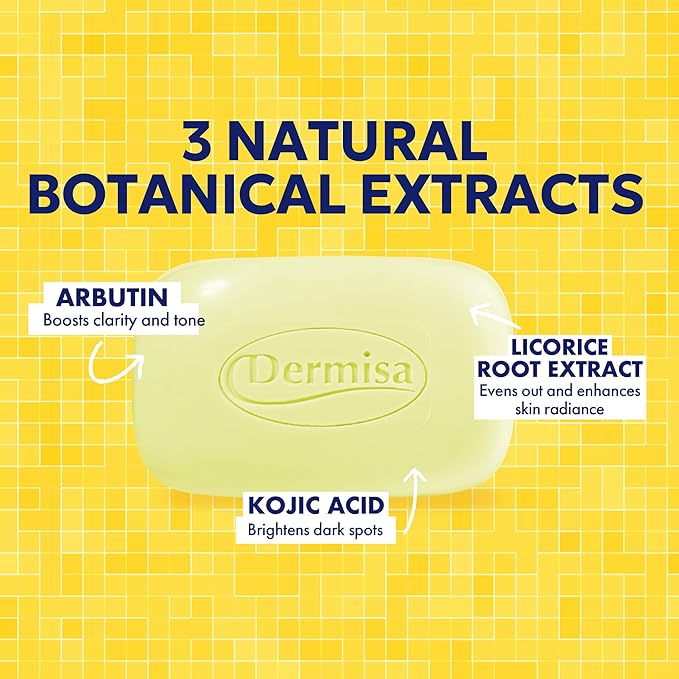 Dermisa Brightening Bar Soap with Kojic Acid, Licorice and Arbutin, Dark Spot Cleansing Soap for Even Skin Tone and Clarity, 3.0 oz, Pack of 3