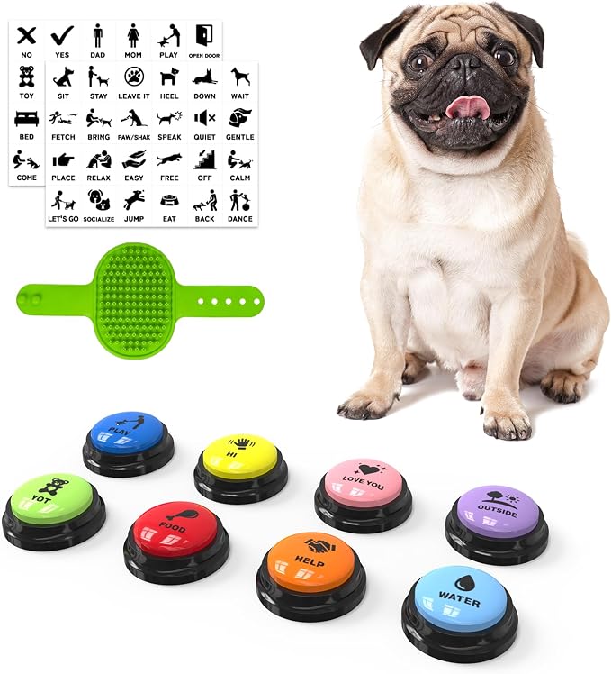 Dog Buttons for Communication, 8 Pack Recordable Talking Buttons for Dog Training with 30 Seconds Voice Recording | Includes Non-Slip Mat & Dog Bath Brush Present Set