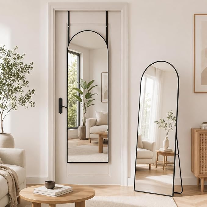 Antok 56" x14” Arched Full Length Floor Mirror, Black Aluminum Frame, Free Standing/Wall Mount/Leaning for Bedroom, Living Room, Dressing Room