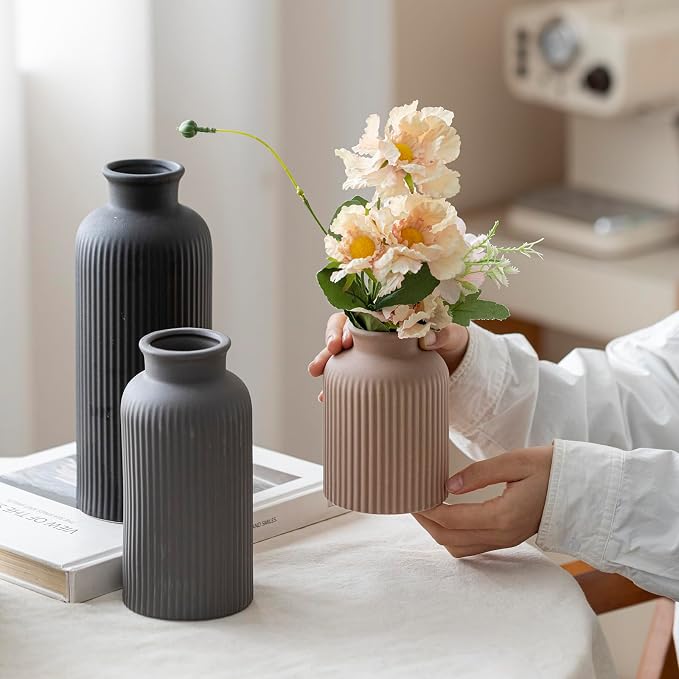 Large Modern Ceramic Vase Set, Black Ribbed Matte Finish, 3-Piece Decorative Vases for Home Living Room Office, 10 inch Tall, 4 inch Width (XL Black Mix)